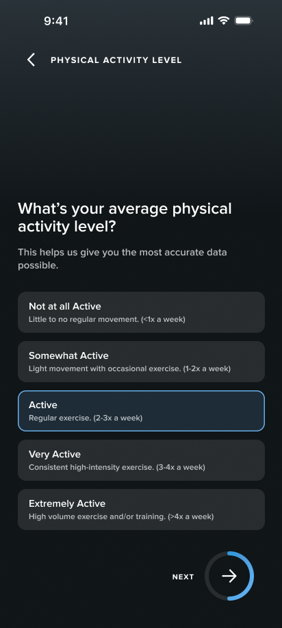 Activity level — redesigned with descriptions