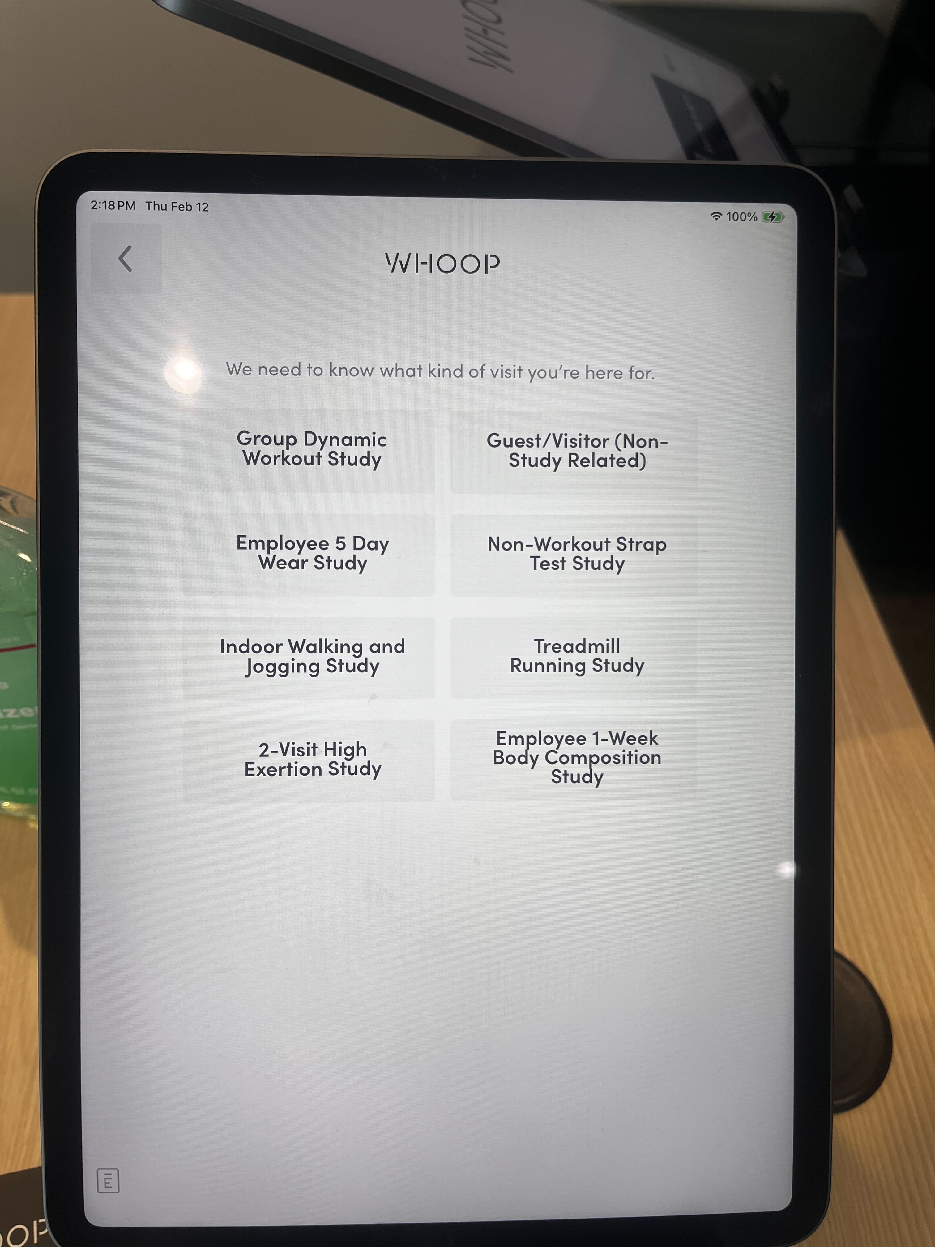 Original lobby screen — select visit reason