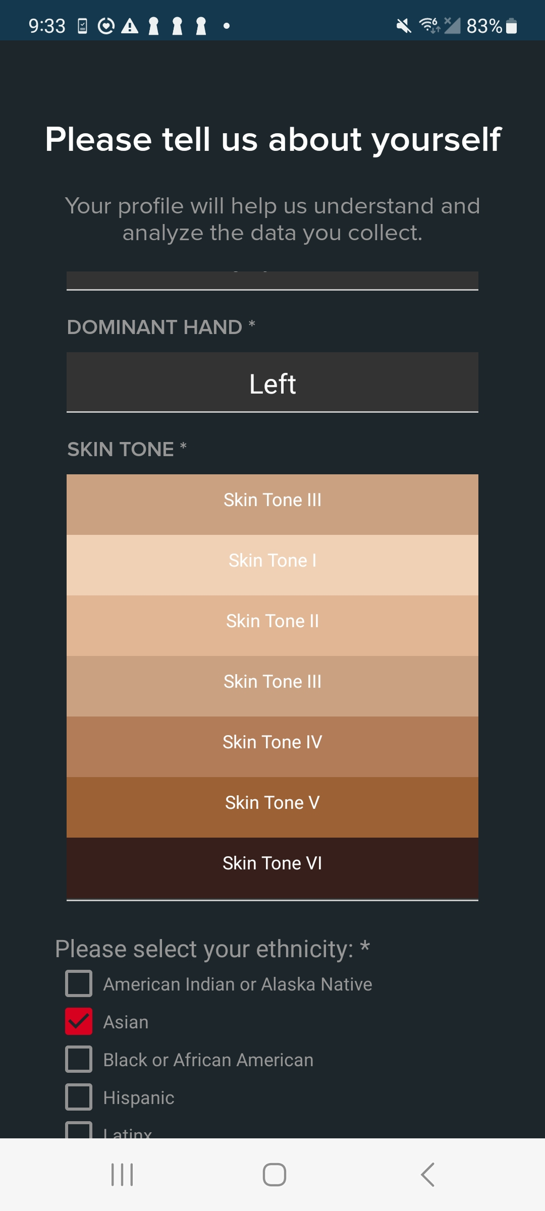 Original skin tone screen